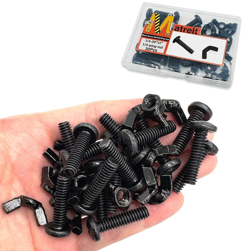 Matrelt 30 Pack Black 1/4"-20 x1 Screw Bolts and Wing Nut Kit 15pcs Machine Screws with Round Head Phillips 15pcs Butterfly Hand Twist Tighten Nut Zinc Plated Hardware Fitting Fastenings Assortment Kit - Image 1